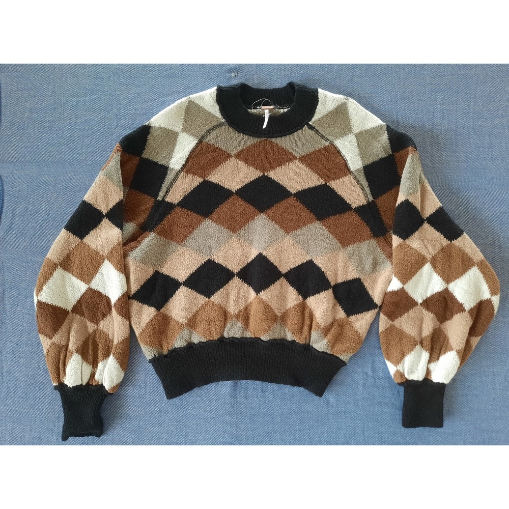 Free People Women S All Over Argyle Knit Sweater Brown Tan Black‎ Balloon Sleeve